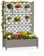 Mobile Garden Planter with Trellis & Lockable Wheels, Outdoor Raised Bed with Drainage & Water Gauge, Weather-Resistant Resin for Patio, Balcony, Yard, Dust-Resistant (Grey, 43.43*18.27*64.29) by EASYUP