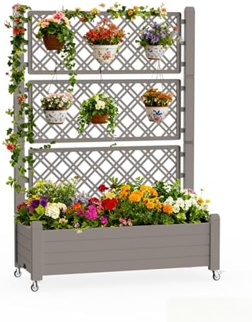 Mobile Garden Planter with Trellis & Lockable Wheels, Outdoor Raised Bed with Drainage & Water Gauge, Weather-Resistant Resin for Patio, Balcony, Yard, Dust-Resistant (Grey, 43.43*18.27*64.29) by EASYUP