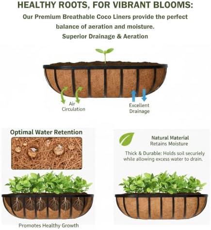 16“ Window Box Railing Planter with Coco Liner Metal Wall-Mounted Coconut Liner Planter Basket English Horse Trough Planters for Outdoor Deck Balcony Porch Fence Patio Black (2 Pack) - Image 6
