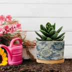 On Flax Blue Chinoiserie Planters Ceramic Blue Grey Asian Flower Round Plant Pots with Drainage Holes and Bamboo Tray Pot for Outdoor Garden Home Plant - Image 5