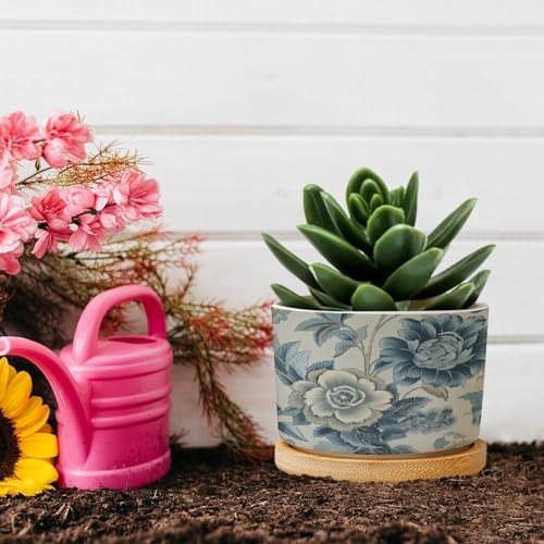 On Flax Blue Chinoiserie Planters Ceramic Blue Grey Asian Flower Round Plant Pots with Drainage Holes and Bamboo Tray Pot for Outdoor Garden Home Plant - Image 5