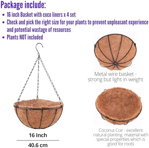 LaLaGreen Hanging Baskets (16 in, 4 Pack) Black Outdoor Coco Liner Planters - Image 2