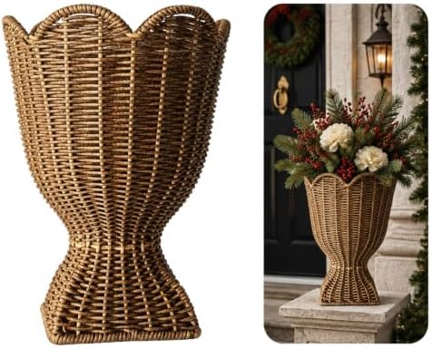 Brown Woven Rattan Urn-Style Planter with Scalloped Rim by Unknown