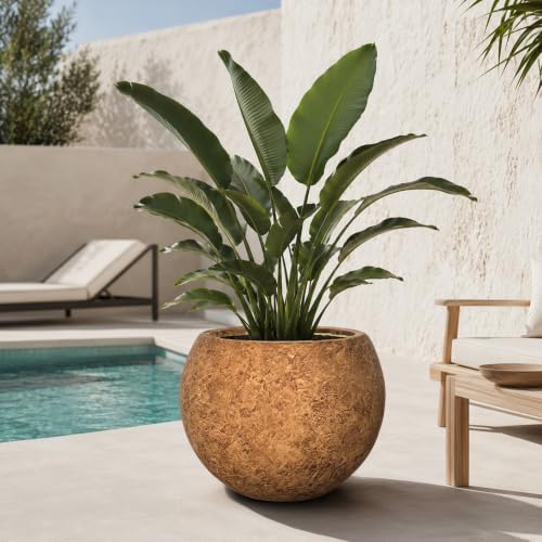 17" H x 21"Dia Brown Fiberstone Planter Pot with Drainage Hole, Large Round Handcrafted Decorative Flower Pot for Indoor Outdoor Plants, Rustic Stone-Look Planter for Patio, Porch, Garden & Home Décor - Image 7