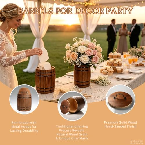2-Pack 7.9 in Wooden Whiskey Barrel Vases with Brass Hoops ，Vintage Rustic Burnt Wood Cooking Tool Utensil Holder ，Rustic Flower Vase for Home Decor, Western Farmhouse Vintage Kitchen (Brown 2) - Image 3