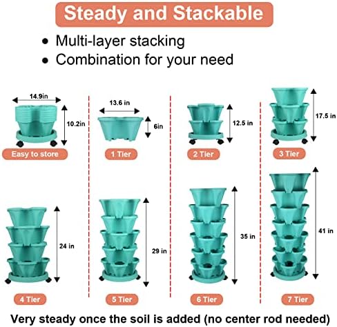 GameXcel Vertical Planter Tower - 7 Tier Stackable Garden Planters with Wheels and Tools Plant Pots for Strawberry Herb Flower and Vegetable Indoor Outdoor Use Teal - Image 6