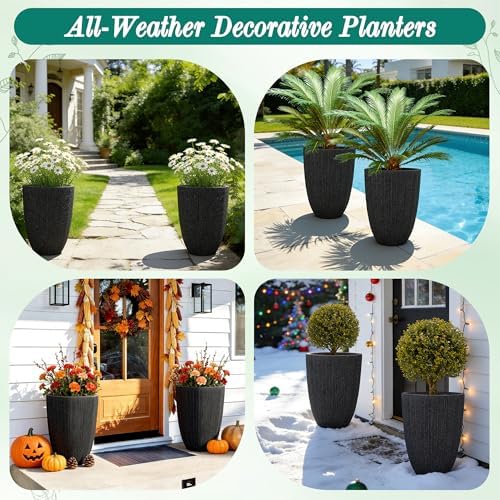 19" Black Concrete-Look Resin Tall Planters with Fluted Texture - Image 7