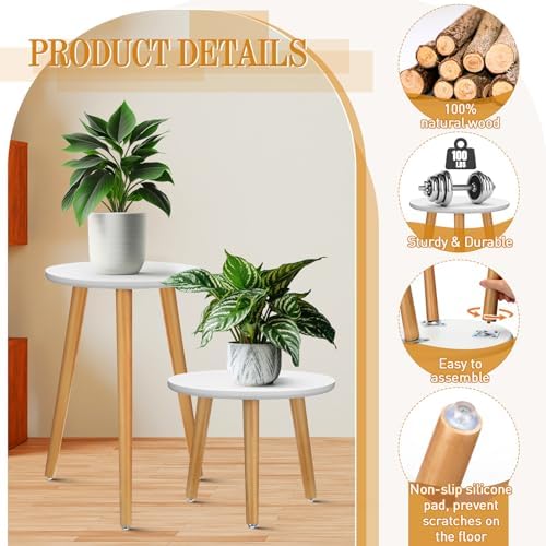 Briwooody 2 Pcs Indoor Plant Stand Mid Century Vintage Wood Modern Flower Pots Holder Round Side Table End Table Plant Stools for Living Room Corner Balcony Decor (White) - Image 3
