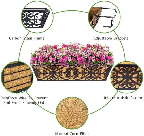 4 Pack 24 Inch Window Boxes Planters Railing Planter Box with Adjustable Brackets & Coco Liners Fabric Plant Grow Bags Deck Railing Planter Boxes Balcony Hanging Flower Box for Outdoor Plants - Image 4
