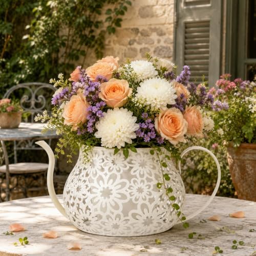 White Antique Metal Teacup Planter for Outdoor Plants Teapot Planter Floral Hollow Out Decorative Rustic Iron Flower Pot for Summer Garden Patio Home Decor - Image 2