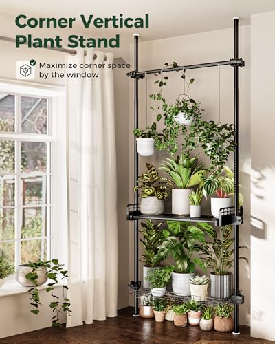 Bamworld Tension Rod Plant Stand Adjustable Hanging Plant Shelf Indoor - Image 4