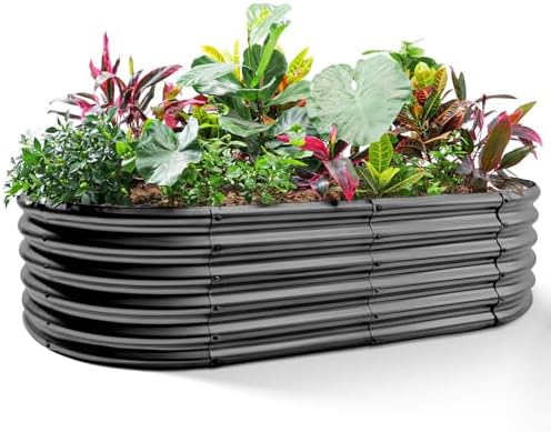 Land Guard Galvanized Metal Raised Garden Bed Kit, 8x4x1.5ft Large Planter Boxes Outdoor, Oval Gardening Box, Patio Garden Planter Box for Vegetables (Grey) by LandGuard