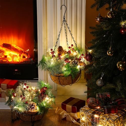 2 Pack Pre Lit Christmas Hanging Baskets with LED Lights Porch - Image 3