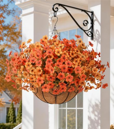 HyeFlora Artificial Flowers with Hanging Basket Planter for Home Decoration, Daisy with Eucalyptus Leaves Outdoor Indoor Garden Yard, Metal Coconut Lining Basket with Faux Plant (Fall-OrangeYellow) by HyeFloraartificialflowers