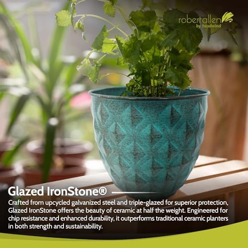 Headwind Glazed Ironstone Diamonte Collection – Surf Green 8-Inch Decorative Plant Pot, Indoor & Outdoor, Vintage Diamond-Textured, Lightweight & Weather-Resistant for Garden Use by Robert Allen - Image 4