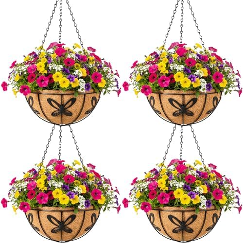 4pcs 14 inch Metal Hanging Baskets Round Wire Plant Stand with Coco Lining Cushion Decorative Planter Hanger Garden Indoor Outdoor Watering Hanging Basket （HD） by SMYAXUNW