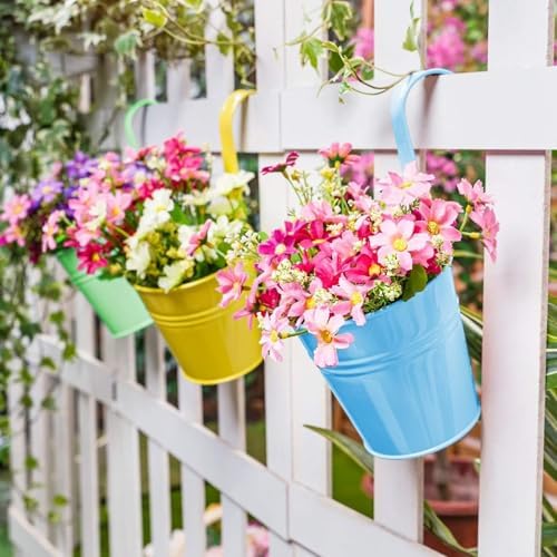 KINGLAKE Flower Pots,10 Pcs Metal Iron Hanging Flower Plant Pot Balcony Garden Plant Planter Baskets Fence Bucket Pots 6.3'' Flower Holders with Detachable Hook - Image 5