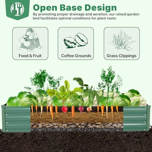 ONCEMORE Galvanized Raised Garden Bed for Vegetables Flowers Herbs, Metal Raised Garden Bed Kit with 2 PCS Tomato Cage, Gloves, Trellis Netting, Plant Labels, Plant Ties, Green 8×4×1FT - Image 5