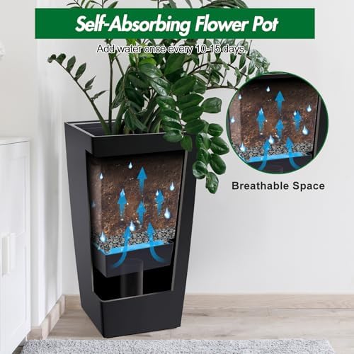 30" Tall Planter Set of 2, Heavy Duty High Planter Pots with Drainage Holes, Water Level Indicator & Removable Inner Bucket, Self Watering Planters for Indoor Outdoor Porch, Patio-Black - Image 4