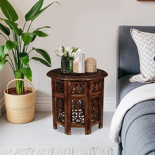 Carved Wood Round Side Table, White, 18x18 - Image 5