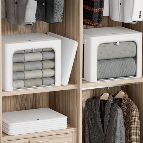 FHSQX 2 Pack Clear Window Storage Bins Large Stackable Linen Fabric Storage for Clothes Foldable Container Organizer Set with Carrying Handles (Lvory White, 19.7x 15.7x 12.6 Inch) - Image 4