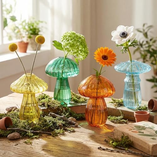 13 Pcs Glass Mushroom Vase Propagation Station with Hydroponic Plant and Artificial Fake Moss 6 Colored Plant Vase Table Centerpiece Decor for Forest Birthday Wedding Party Decoration (Bright Color) - Image 3