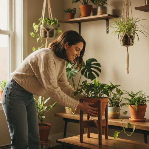 Adjustable Plant Stand for 8–12 Inch Pots, Solid Acacia Wood, Mid-Century Modern Indoor Outdoor Planter Holder with Stainless Steel Screws, Natural Brown (Pot & Plant Not Included) - Image 5