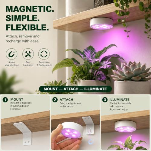 Rechargeable Grow Lights for Indoor Plants, 4000mAh Full Spectrum Wireless Magnetic Puck Grow Lights with Remote Control, Timer, Stepless Dimming and Type-C Charging for Plant Shelf and Flowers - Image 6