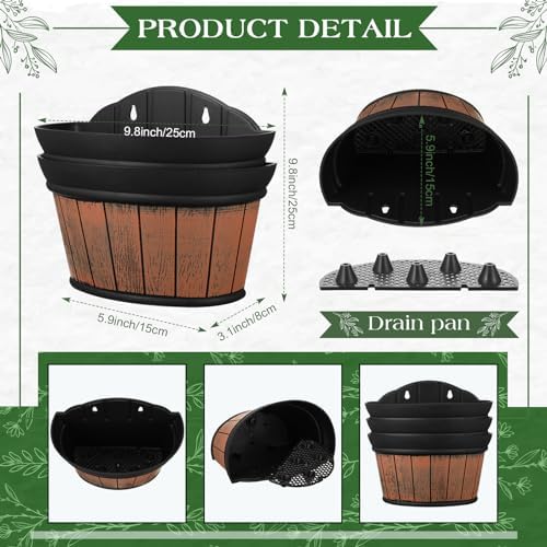 12 Pcs Wall Hanging Planters 10 inch Outdoor Wine Barrel Planter Distressed Oak Thickened Plastic Water Storage Flower Pots for Plants Flower Indoor Outdoor Railing Fence - Image 2