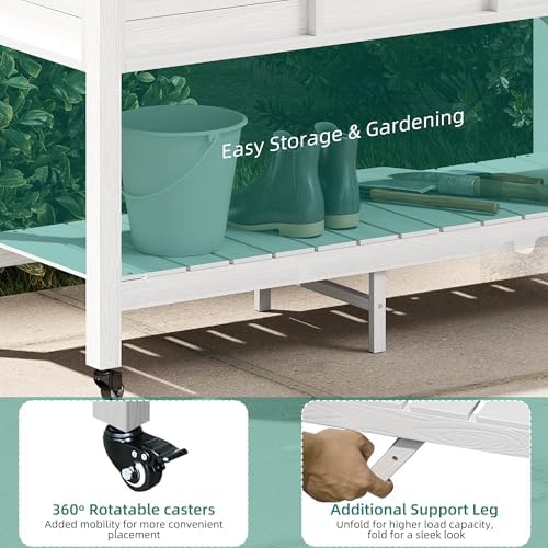 YITAHOME Raised Garden Bed HDPE, 47x18x31In Raised Flower Bed Poly-Wood Weather-Resistant Elevated Planter Box with Lockable Wheels & Storage Shelf for Vegetable Flower, White - Image 6