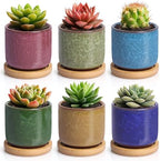 T4U 2.5 Inch Small Ceramic Succulent Planter Pot with Bamboo Saucer Set of 6, Ice Crack Glaze Porcelain Handicraft Plant Container Gift for Mom Sister Aunt Best for Home Office Desk Decoration by T4U