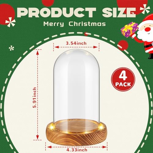 4 Pack 3.54'' x 5.91'' Christmas Glass Cloche Domes with Light Wood Base - Image 2