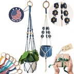 Set of 2 Macrame plant hanger with Daisies & Beads | Hanging plant holder Macrame Plant hangers outdoor and indoor hanging planters Plant stand indoor Boho Decor hanging planter stand (Peacock Blue) by HandmadeByUruba