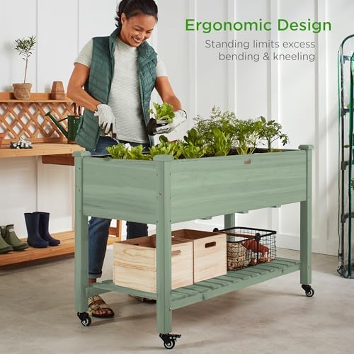 Best Choice Products Raised Garden Bed 48x24x32-inch Mobile Elevated Wood Planter w/Lockable Wheels, Storage Shelf, Protective Liner - Sage - Image 2