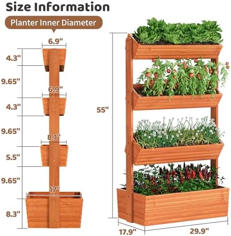 Wooden Raised Garden Bed Vertical Planter Box, Freestanding Plant Stand for Indoor Outdoor Plants, Herbs, Flowers, Vegetables, Gardening (Reddish Brown, 4-Tier，29.9 x 17.9 x 55in) - Image 7