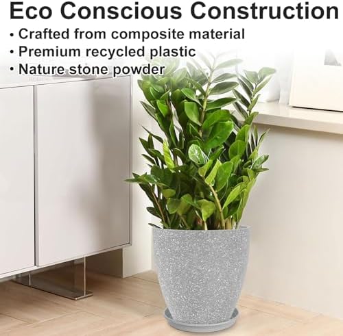 GameXcel Flower Pot Indoor - Outdoor Plant Pot - Gray Rough Planter - Elegant Stone Imitation - 12" Diameter 12" Tall with Drainage Holes and Saucer 2 Pack - Image 2