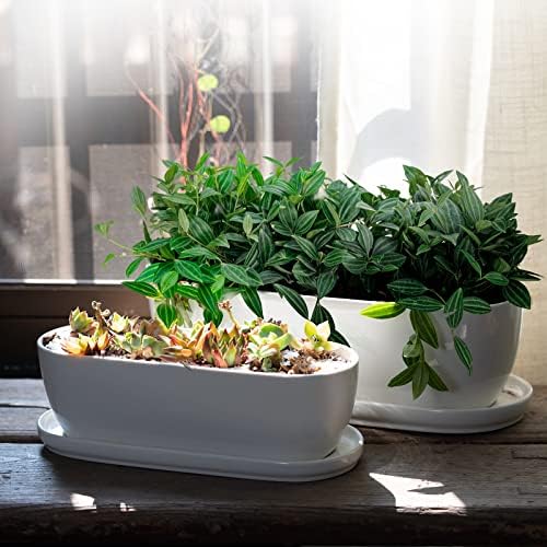 E-liu14 Inch Oval Ceramic Planter Pot with Drainage Hole Saucers - Image 5