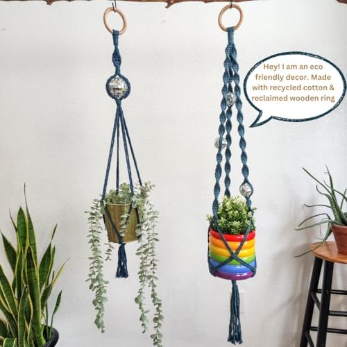 Set of 2 Macrame Plant Hanger Disco ball decor Hanging planters for indoor plants Cool gifts for plant lovers Boho plant pots plant stand indoor Hanging planters for outdoor plants (Peacock Blue) - Image 3