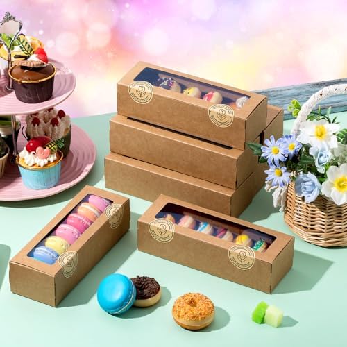 Sherr 100 Pcs Brown Macaron Boxes with Window, 7.7x2.6x2 Inch Long Clear Bakery Boxes with Stickers for Pastries, Cookie & Dessert Gifts Packaging for Chocolate Covered Strawberry, Truffle, Donuts - Image 6