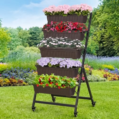 VECELO 5-Tier Vertical Garden Bed, Freestanding Elevated Raised Garden Planter with 5 Garden Planter Boxes, Lockable Caster Wheels, Drainage System, for Plants, Vegetables, Flowers, Herbs by VECELO
