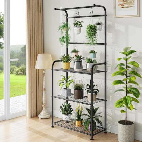 Ekisemio Plant Stands Outdoor with Hooks, Metal Tall Plant Shelves Indoor for Hanging Planter, Black - Image 4