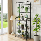 Ekisemio Plant Stands Outdoor with Hooks, Metal Tall Plant Shelves Indoor for Hanging Planter, Black - Image 4
