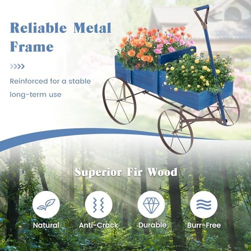 DORTALA Wood Wagon Planter, Outdoor Garden Flower Planter Cart with Wheels, Small Decorative Wood Raised Bed Plant Pot Box Stand for Backyard, Patio, Balcony, Blue - Image 5