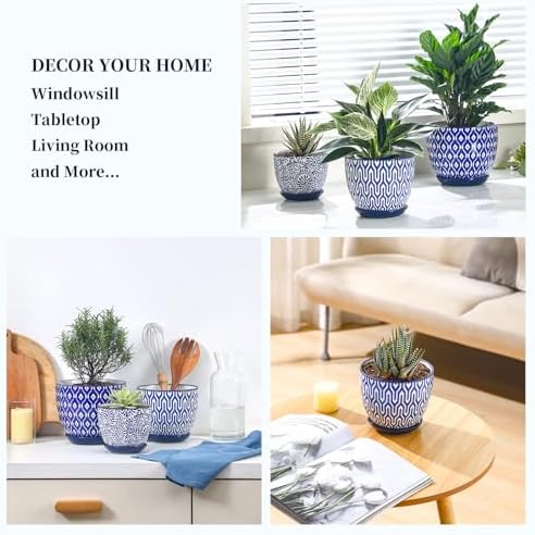 Selamica Ceramic Plant Pots, 4.6+5.6+6.5 Inch Planters with Drainage Holes & Saucer, Flower Pots for Indoor Plants, Home Decor, Set of 3, Vintage Blue - Image 5
