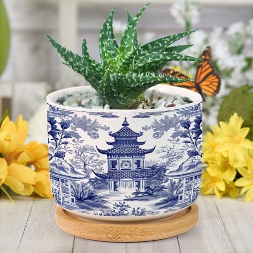 Chinoiserie Blue Asian Ceramic Planters Chinoiserie Chic Asian Snake Plant Live Indoor with Pot with Drainage Holes and Saucers Pot for Home Desktop Office Windowsill - Image 6
