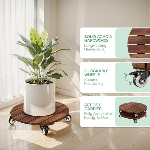 IDZO 2pack Wood Plant Caddy With Wheels Heavy Duty Red Brown, 264 Lbs Capacity, 12 Inch Acacia Hardwood Plant Roller, Plant Stand with 360° Lockable Wheels, Plant Caster for Heavy Objects Hauling - Image 2