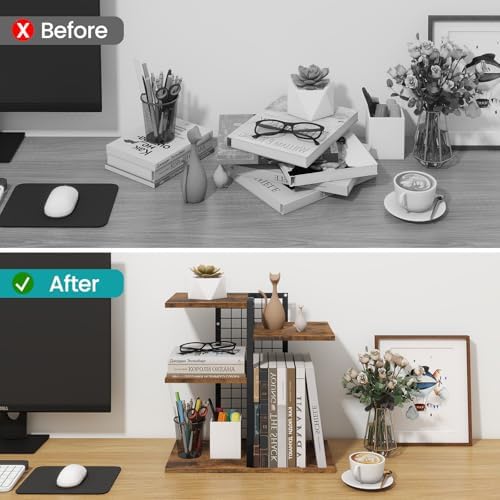ELITEROO Desktop Shelf Organizer, 4-Tier Wooden Desk Bookshelf, Small Tabletop Book Shelf, Adjustable Display Rack for Home, Office, Dorm, Rustic Brown - Image 4