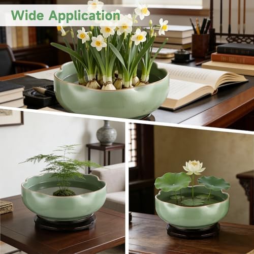 Ceramic Lotus Bowl Planter with Wood Tray, 7.8 in Green Water Lily Planter Pot, Hole Free Hydroponic Bowl, Ice Crack Glaze Flower Bowl for Lotus, Aquatic Plants, Bonsai, Desk Decor - Image 5
