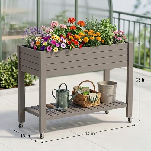 Outdoor Patio Raised Garden Bed Elevated Planter Box Resin Plant Stand Gardening with Storage Shelf Legs Wheels Drainage Water Gauge Light Brown - Image 3