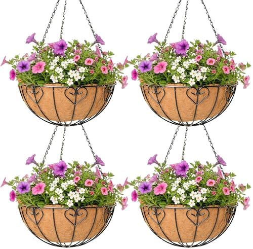4 Pack Hanging Planter for Outdoor Plants 14 inch Metal Hanging Flower Basket with Coco Coir Liner Round Wire Plant Holder Chain Flower Pots Outdoor Garden Decoration Watering Hanging Baskets（AX） by Unknown